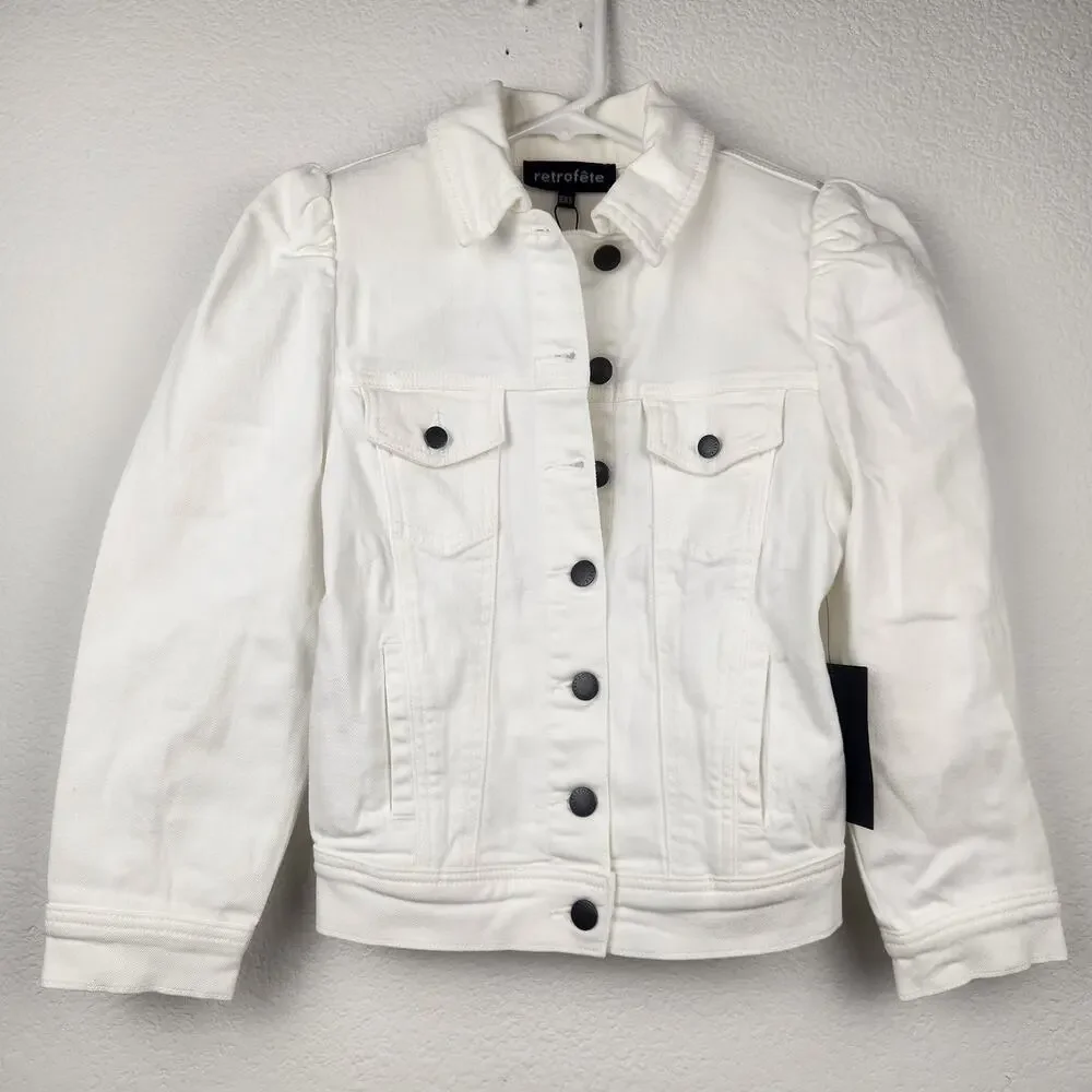 Retrofete Ada Denim Jacket White Puff Sleeve Size XXS NWT